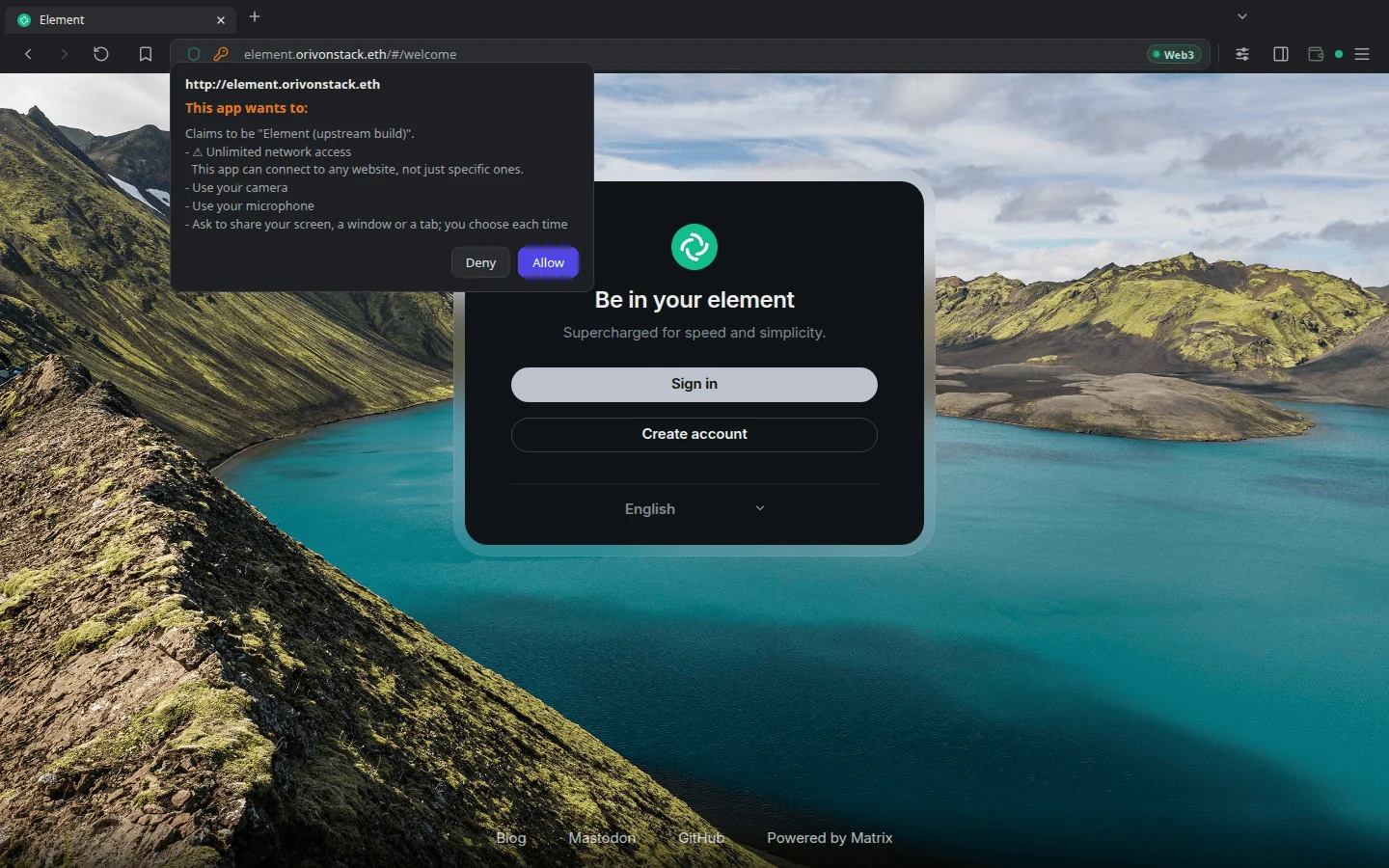 Element asking, in plain words, for network access, the camera, the microphone and screen sharing before it runs